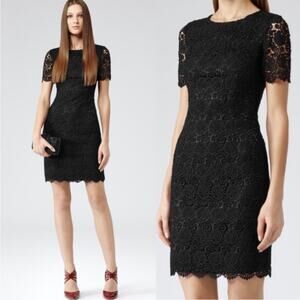 Reiss Swift Guipure Lace shift dress‎ short sleeve little black dress sz 6